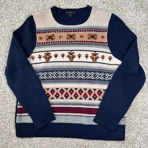 J.Crew Womens Size L Fair Isle Embellished Jeweled Wool Sweater Navy Flawed